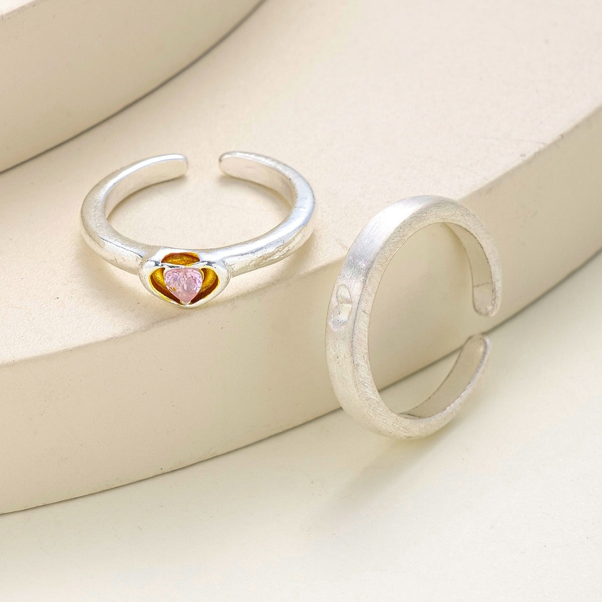 New Style Individualized Cool Style Pink Diamond Hollow Heart Opening Adjustable Couple Friend Plain Ring Set by eprolo