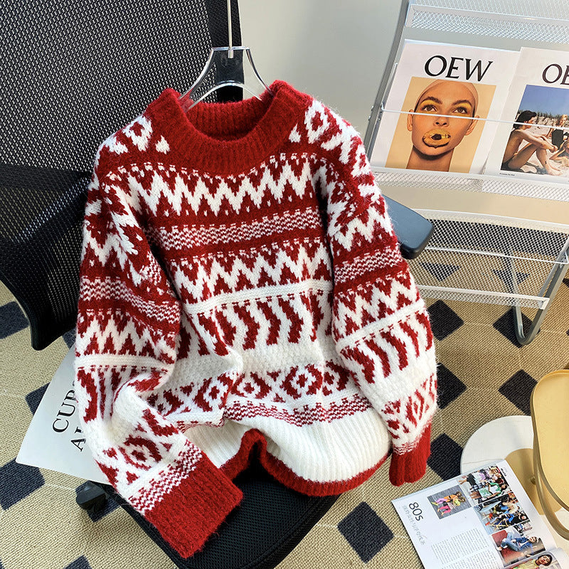 Autumn and winter thickened red Christmas style small sweater girl's retro loose wear on the outside and knitted sweater on the inside