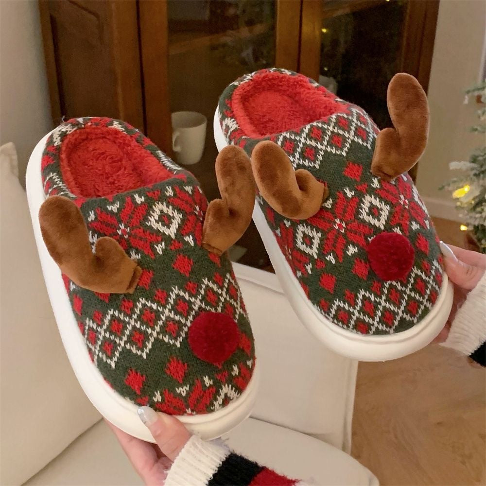 Cross-border Christmas elk cotton slippers female fleece non-slip winter warmth autumn and winter student bedroom home shoes