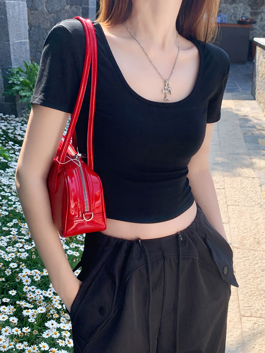 Red short sleeve shoulder t-shirt women's summer 2024 new hot U-neck half-sleeved slim short large neckline top by My Store