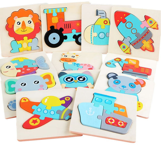 Wooden Small Puzzle Young Children Early Education Puzzle Card Buckle Three-Dimensional Animal Cartoon Shape Matching Puzzle Board Toys by eprolo