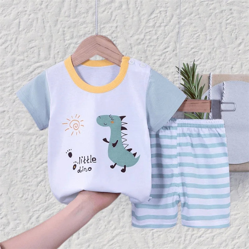 T-shirt+Shorts 2-Piece Clothing Set Pajamas Summer Kids Baby Boys Girls Cotton Casual Tracksuit Cartoon Dinosaur Clothes Suit by eprolo