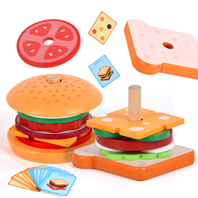 Baby wooden simulation burger, french fries, sandwich set, pillar pairing, food cutting, kitchen utensils, play with toys by eprolo