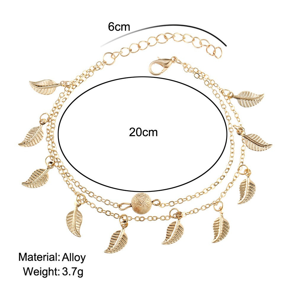 Tassel small leaf foot jewelry beach vacation double layered vintage women's ankle chain jewelry by eprolo