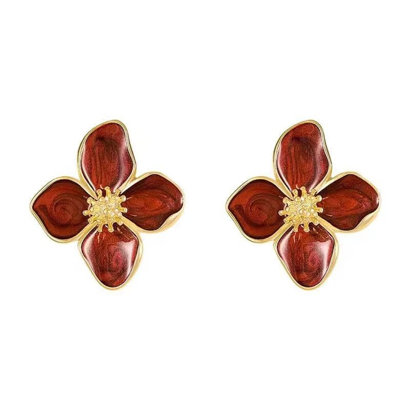 Luoshen Flower French 925 Silver Needle Drop Glazed Red Flower Earrings 3D Small Flower Earrings by eprolo