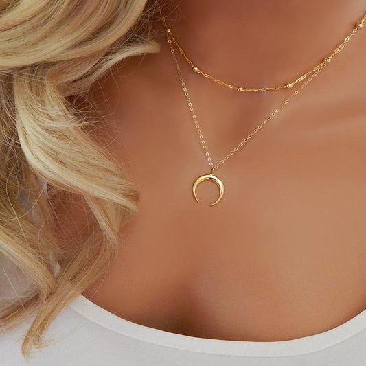 Double Layer Gold Color Chain Alloy Beads Horn Pendant Necklace by eprolo