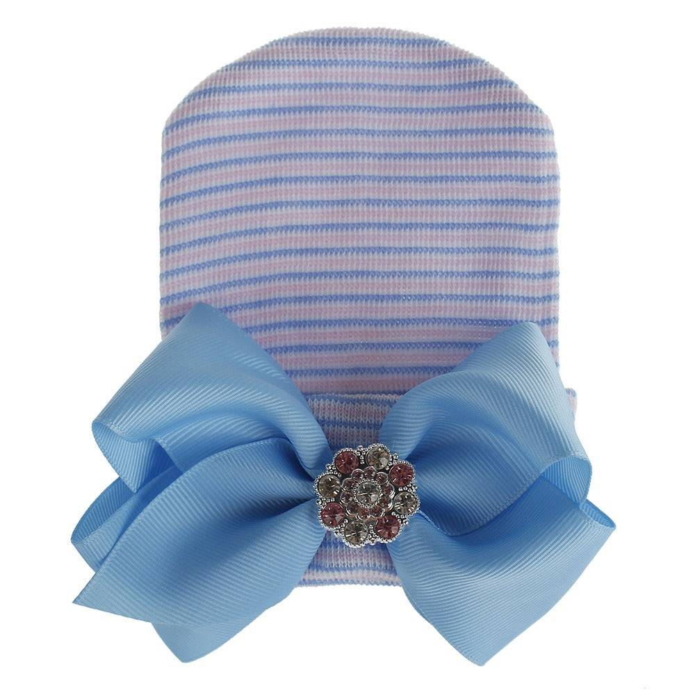 European and American Big Bow Glittering Diamond Pink Stripe Girl Baby Knitted Hat Newborn Baby Pullover Hat by eprolo