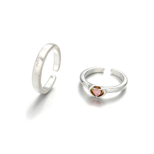 New Style Individualized Cool Style Pink Diamond Hollow Heart Opening Adjustable Couple Friend Plain Ring Set by eprolo
