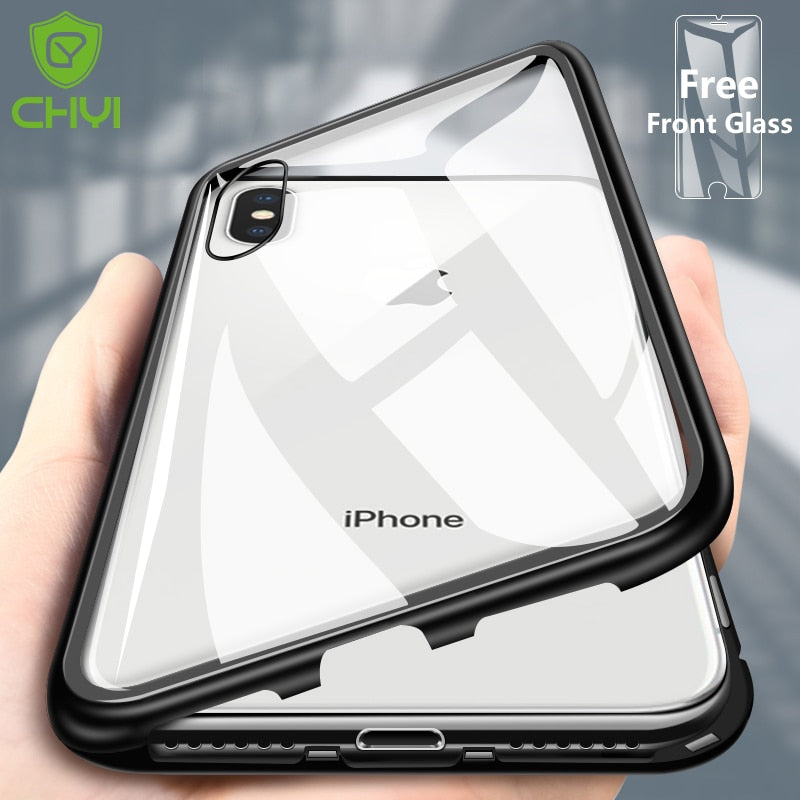 Double sided Magnetic Case for iPhone X Clear Tempered Glass Magnet Adsorption Case by eprolo