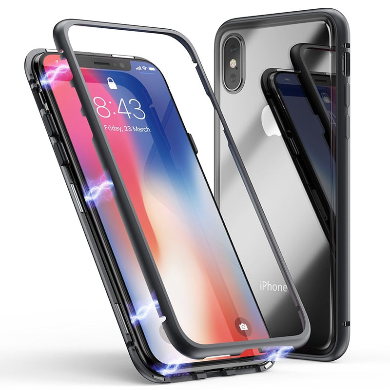Double sided Magnetic Case for iPhone X Clear Tempered Glass Magnet Adsorption Case by eprolo