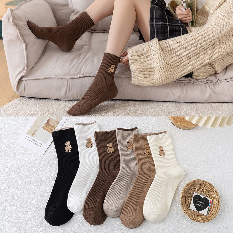 Women's Cute Bear Cotton Socks Comfortable Soft Crew Breathable Sports Sock Cartoon Short Sock Middle Tube Socks 6 pairs by eprolo