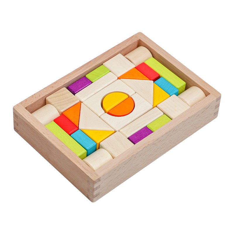 Wooden box packed building blocks, shape recognition, creativity, assembly thinking, exercise, color recognition, early education, interactive wooden toys by eprolo