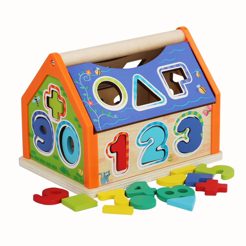 Children's wooden building blocks exercise hand eye coordination shape number cognition early education shape number house puzzle toys by eprolo