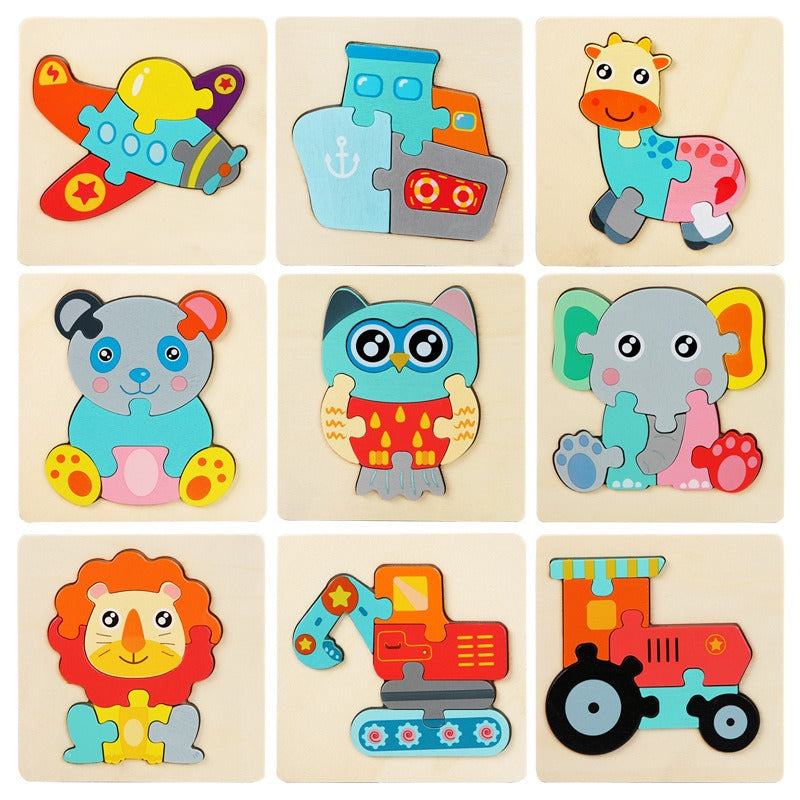 Wooden Small Puzzle Young Children Early Education Puzzle Card Buckle Three-Dimensional Animal Cartoon Shape Matching Puzzle Board Toys by eprolo