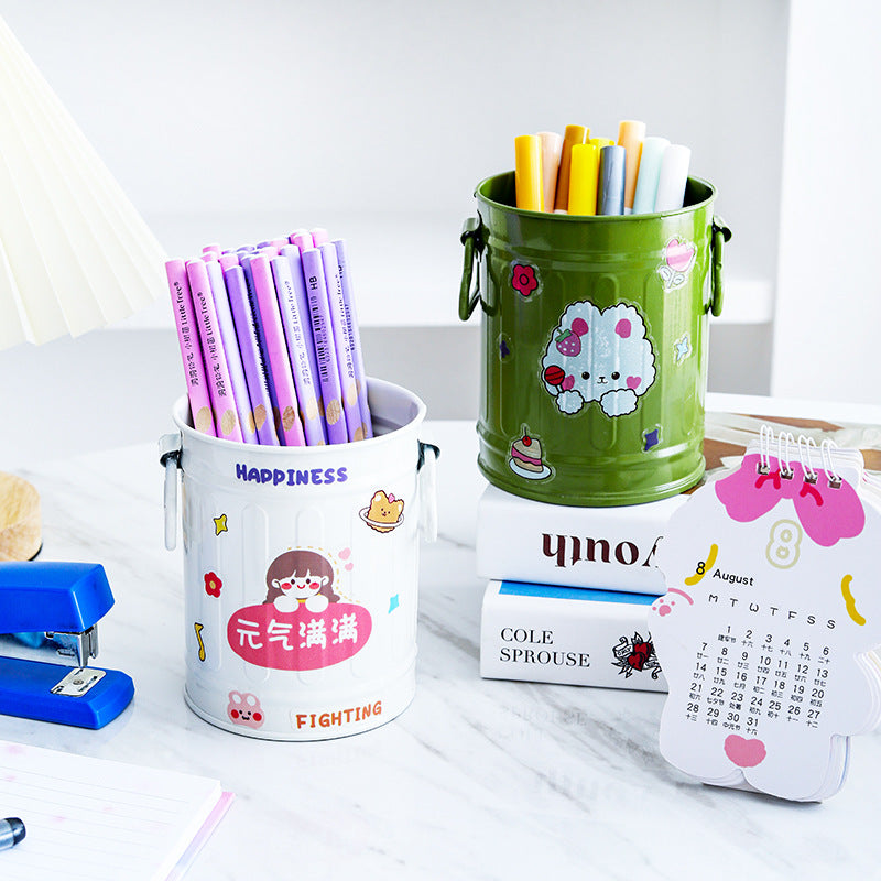 Cylindrical wrought iron pen holder DIY creative desktop storage bucket multifunctional stationery pen holder by eprolo