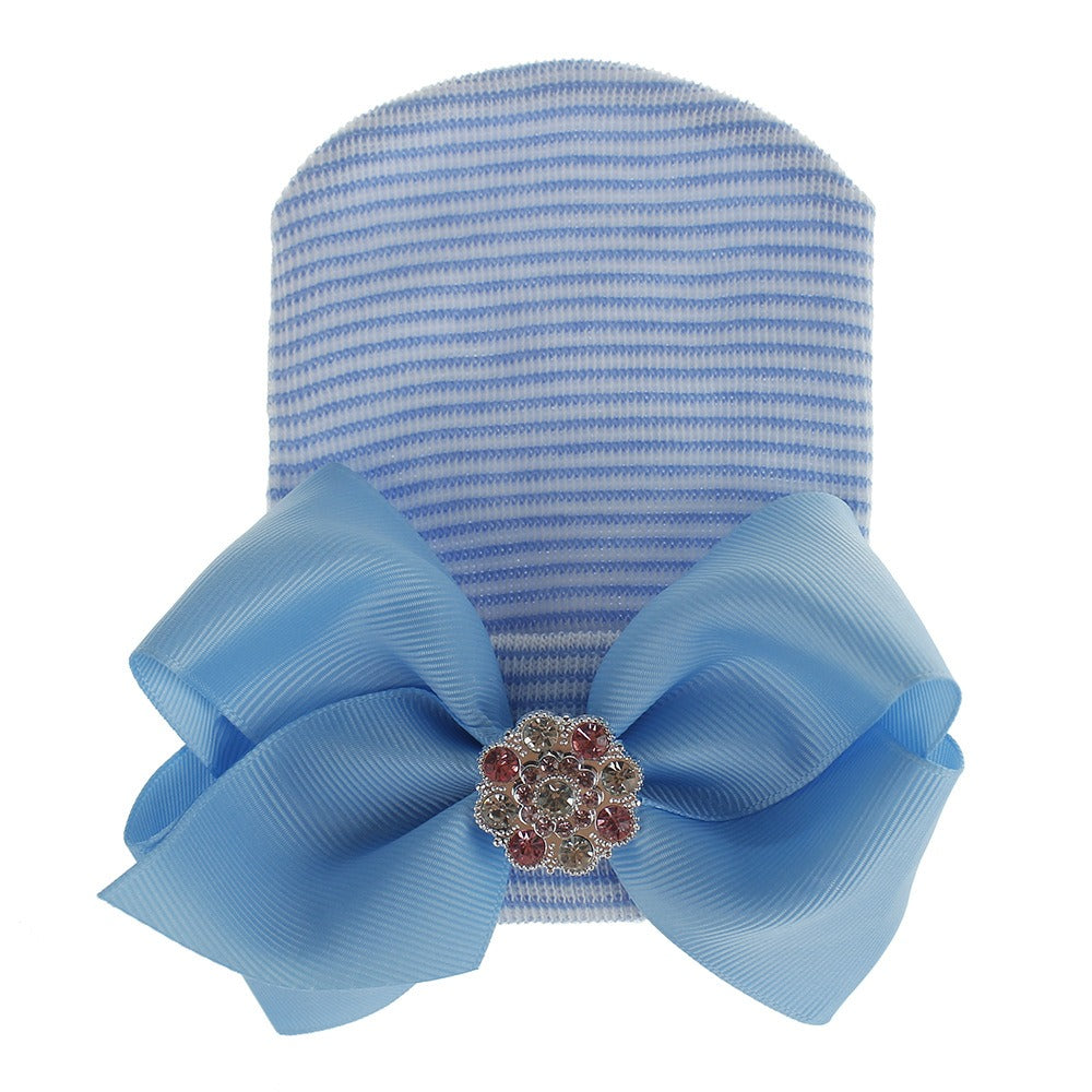 European and American Big Bow Glittering Diamond Pink Stripe Girl Baby Knitted Hat Newborn Baby Pullover Hat by eprolo