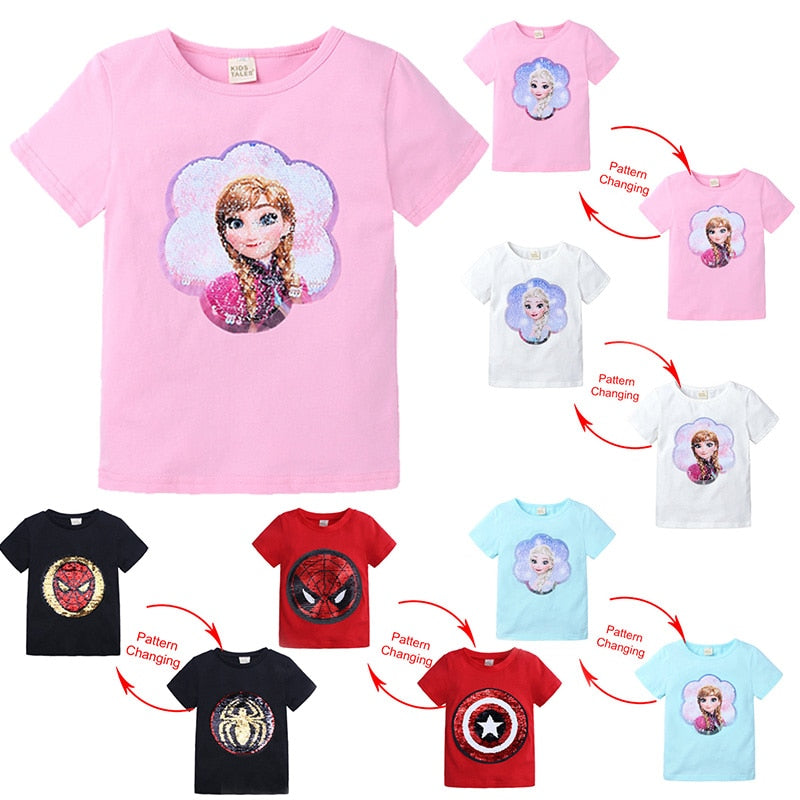 Kids Girls T shirts Summer Elsa Sequins For Spiderman T shirt Face Change Boys T Shirts New Children Tops Shirt Clothes 2-8Yrs by eprolo