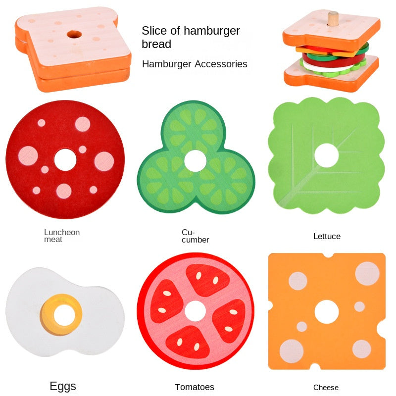 Baby wooden simulation burger, french fries, sandwich set, pillar pairing, food cutting, kitchen utensils, play with toys by eprolo