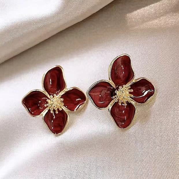 Luoshen Flower French 925 Silver Needle Drop Glazed Red Flower Earrings 3D Small Flower Earrings by eprolo