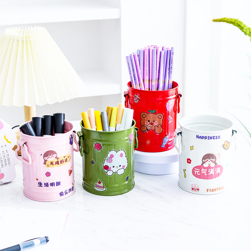 Cylindrical wrought iron pen holder DIY creative desktop storage bucket multifunctional stationery pen holder by eprolo