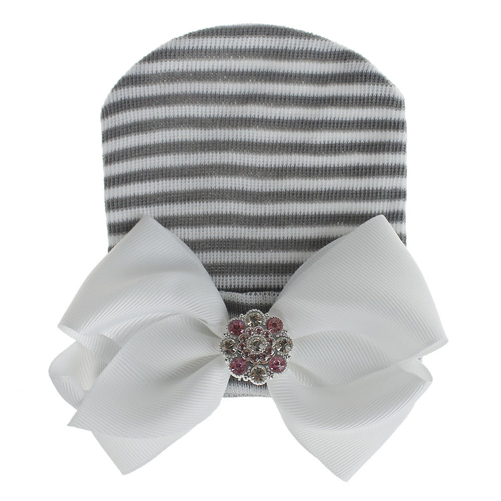 European and American Big Bow Glittering Diamond Pink Stripe Girl Baby Knitted Hat Newborn Baby Pullover Hat by eprolo