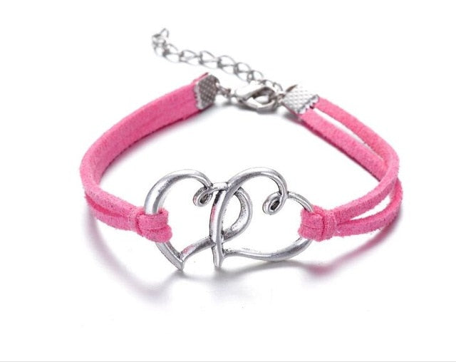 Infinity handmade bracelet Vintage Antique Silver Love double heart Charms Infinity Bangles Leather Bracelet by eprolo