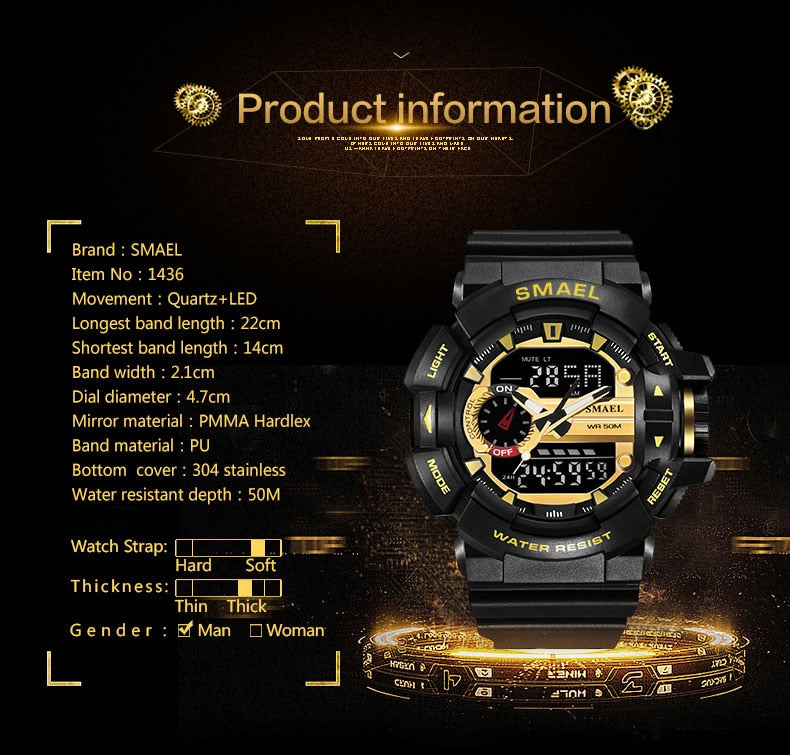SMAEL 1436 Men Sports Watch Military Watches LED Quartz Dual Display Waterproof Outdoor Sport Men's Wristwatches Relogio Masculino by eprolo