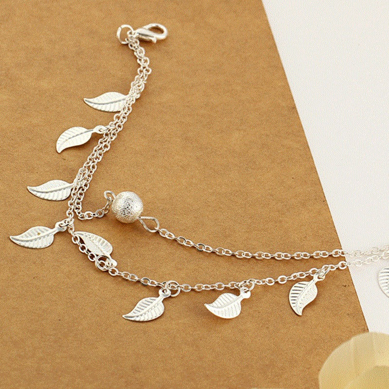 Tassel small leaf foot jewelry beach vacation double layered vintage women's ankle chain jewelry by eprolo