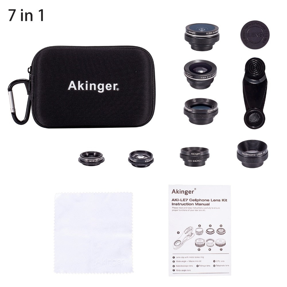 Akinger 4in1 5in1 7in1 10in1 13in1 Phone camera Lens Kit Fisheye Wide Angle macro telescope for iphone xiaomi android phone by eprolo
