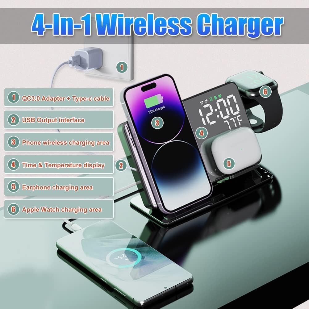 15W Four in One Wireless Charging Clock LED Digital Display Alarm Clock Temperature Display Wireless Charging by eprolo