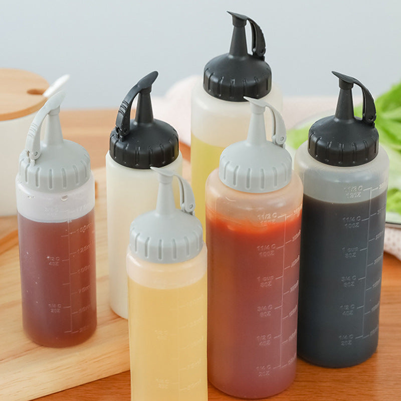 Kitchen Salad Dressing Press Squeeze Oil Bottle With Scale Plastic Seasoning Bottle Tip Mouth Jam Bottle Oil Pot by eprolo