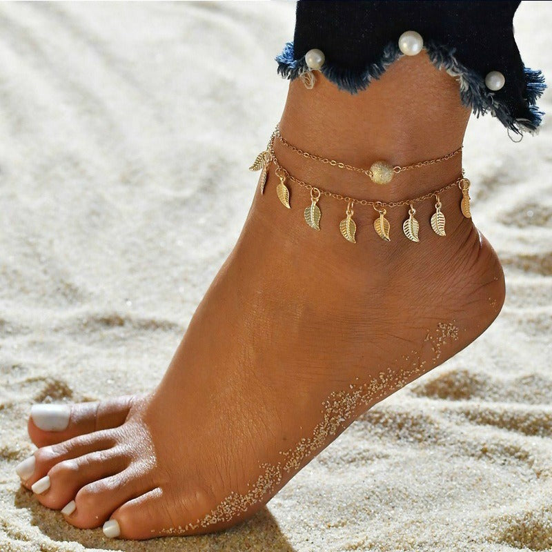 Tassel small leaf foot jewelry beach vacation double layered vintage women's ankle chain jewelry by eprolo