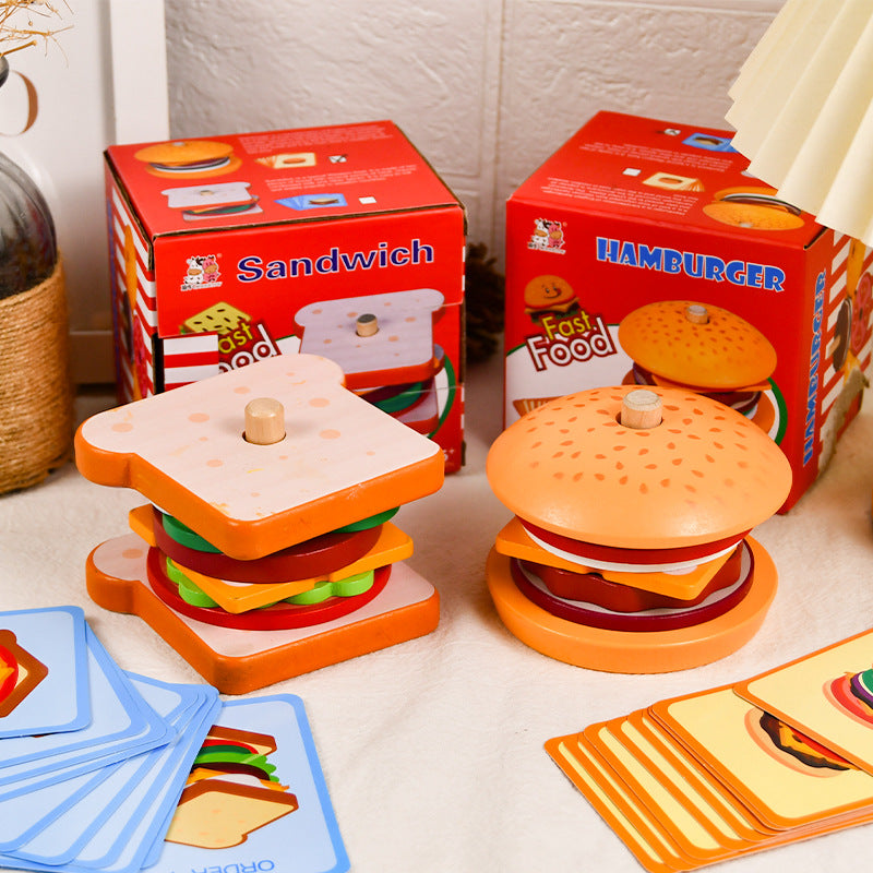 Baby wooden simulation burger, french fries, sandwich set, pillar pairing, food cutting, kitchen utensils, play with toys by eprolo
