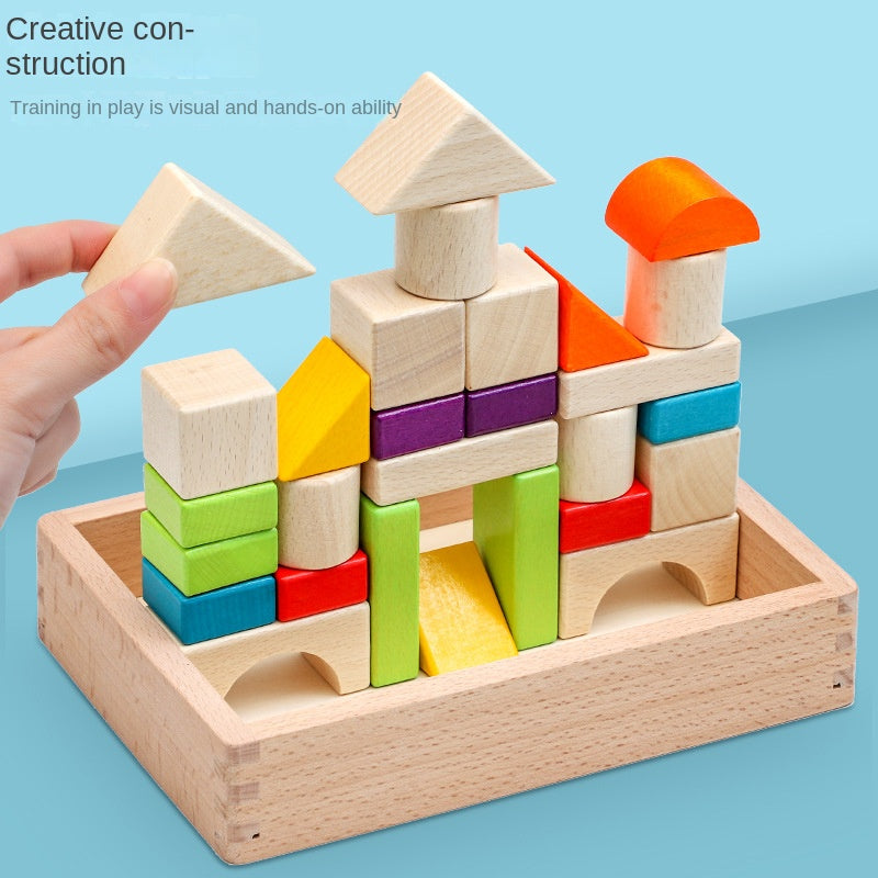 Wooden box packed building blocks, shape recognition, creativity, assembly thinking, exercise, color recognition, early education, interactive wooden toys by eprolo