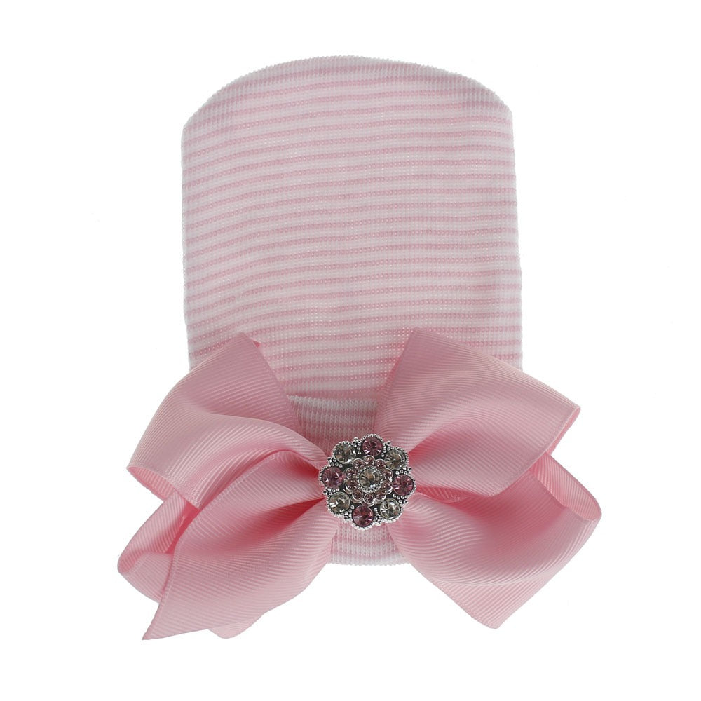 European and American Big Bow Glittering Diamond Pink Stripe Girl Baby Knitted Hat Newborn Baby Pullover Hat by eprolo