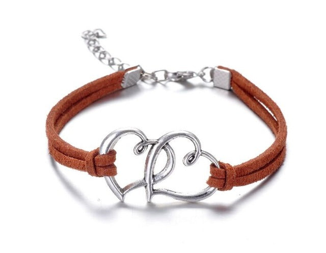 Infinity handmade bracelet Vintage Antique Silver Love double heart Charms Infinity Bangles Leather Bracelet by eprolo