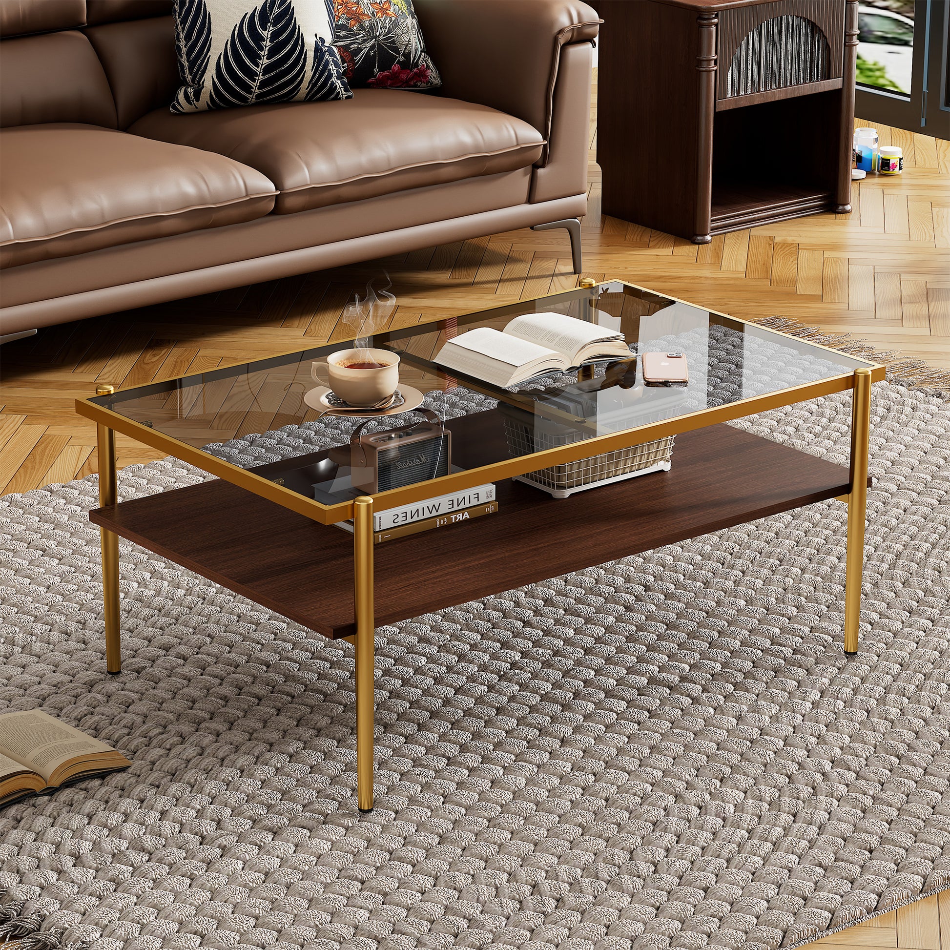 Rectangle Coffee Table with Gray Tempered Glass top and Golden Legs, Modern Table for Living Room by eprolo