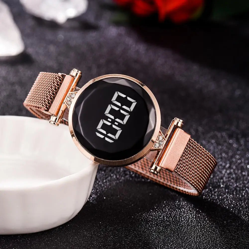 Luxury Digital Magnet Watches For Women Rose Gold Stainless Steel Dress LED Quartz Watch Female Clock Relogio Feminino Drop Ship by eprolo