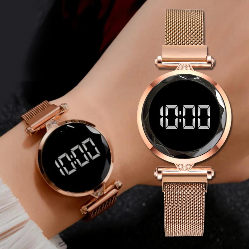 Luxury Digital Magnet Watches For Women Rose Gold Stainless Steel Dress LED Quartz Watch Female Clock Relogio Feminino Drop Ship by eprolo