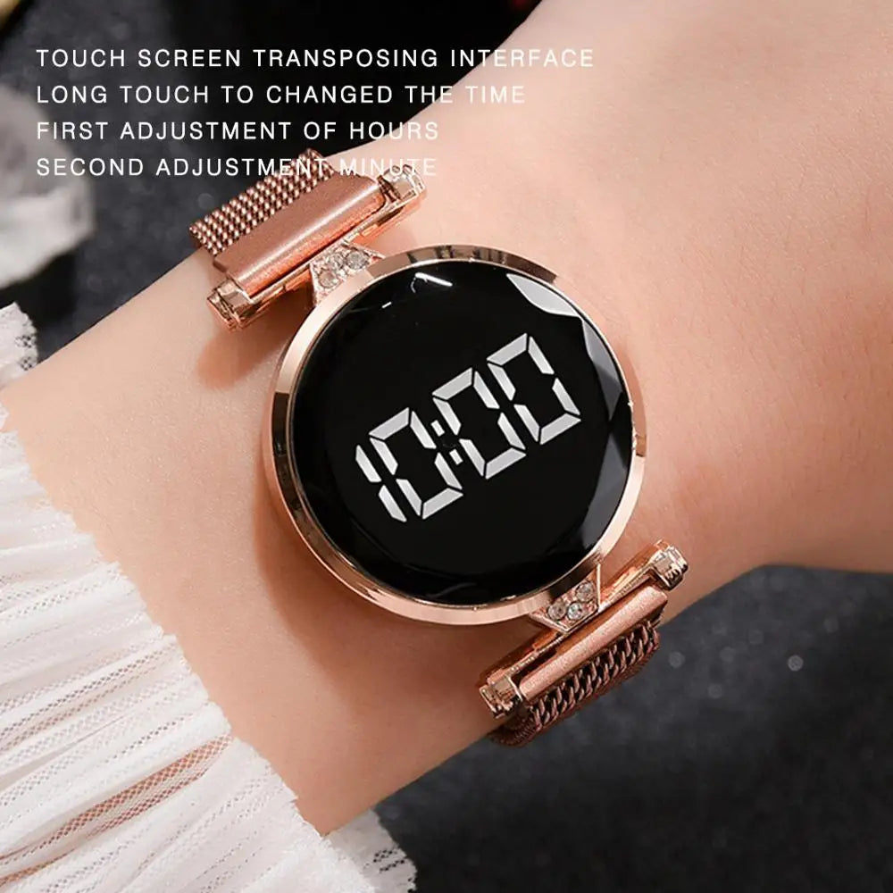 Luxury Digital Magnet Watches For Women Rose Gold Stainless Steel Dress LED Quartz Watch Female Clock Relogio Feminino Drop Ship by eprolo