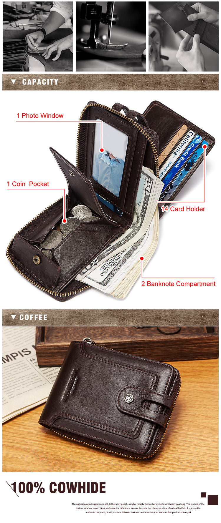 RFID anti-theft brush men's leather wallet top layer cowhide short coin purse zipper European and American retro leather goods men's bag