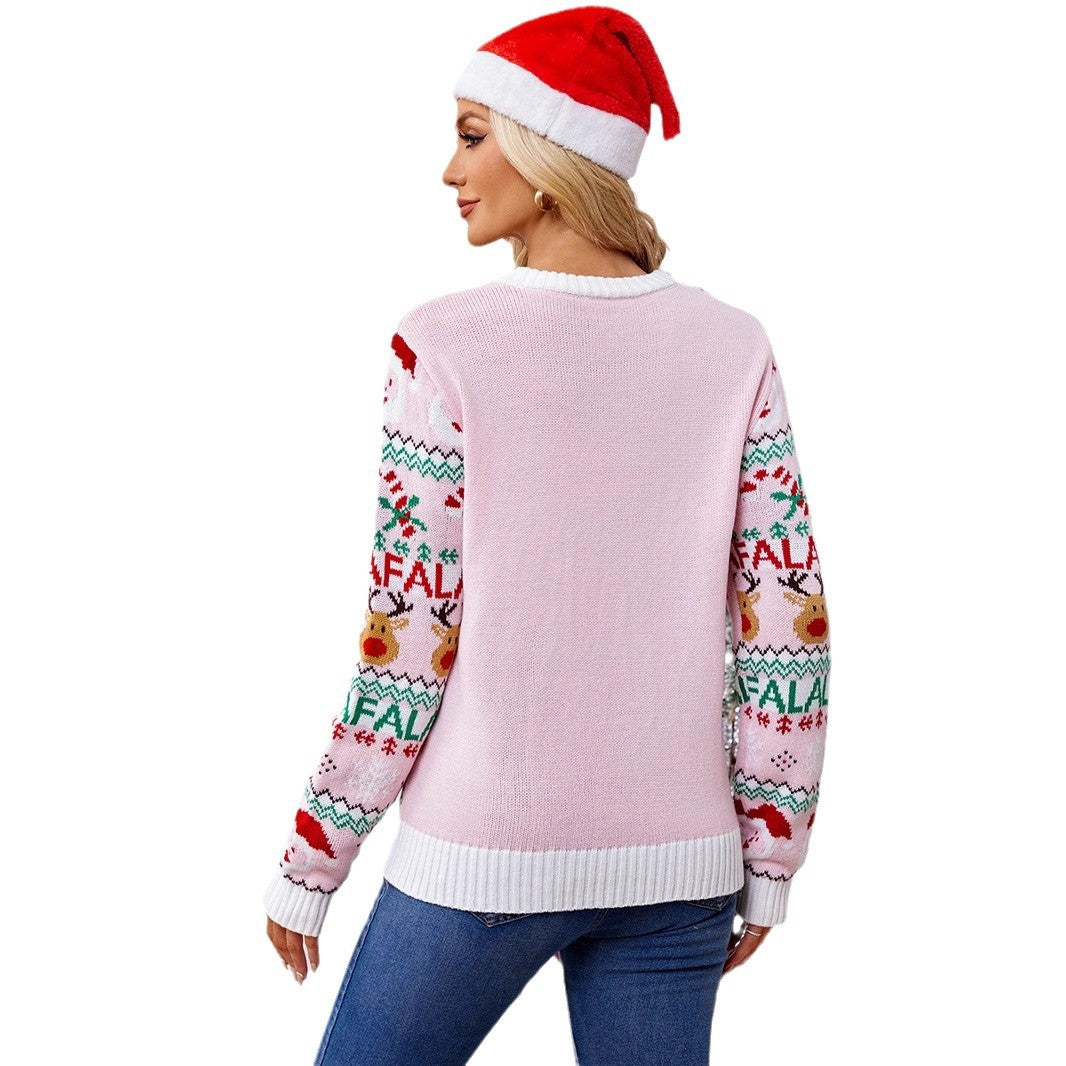 Cross-border European and American pink sweet knitted sweater women's autumn and winter Christma pullover long sleeve jacquard Christmas sweater