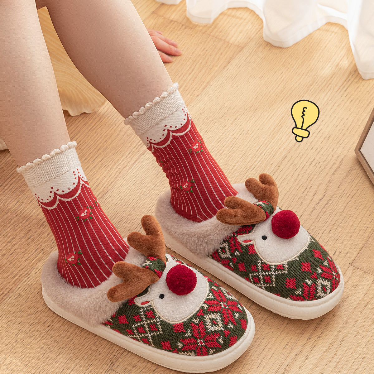 Cross-border Christmas elk cotton slippers female fleece non-slip winter warmth autumn and winter student bedroom home shoes