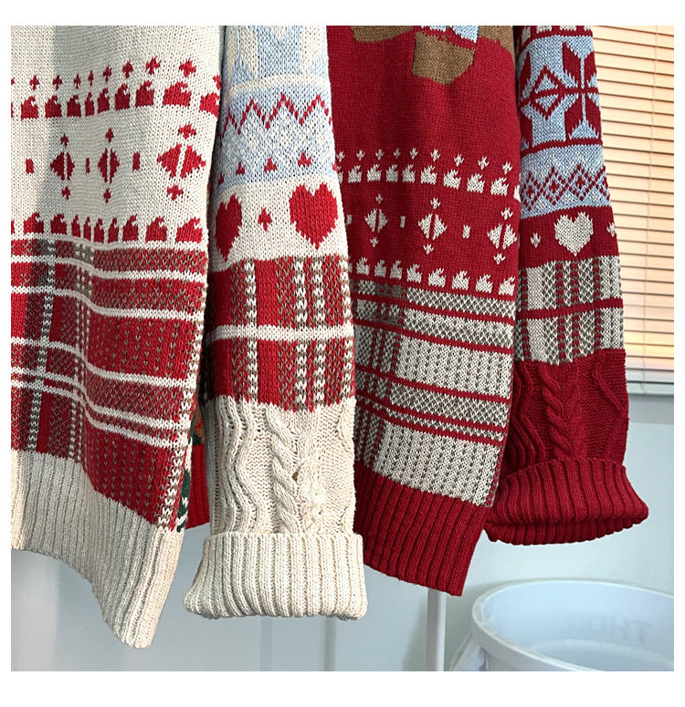 Japanese vintage Christmas bear sweater men's ins autumn and winter loose crew neckline clothes lazy style couple knitwear trend