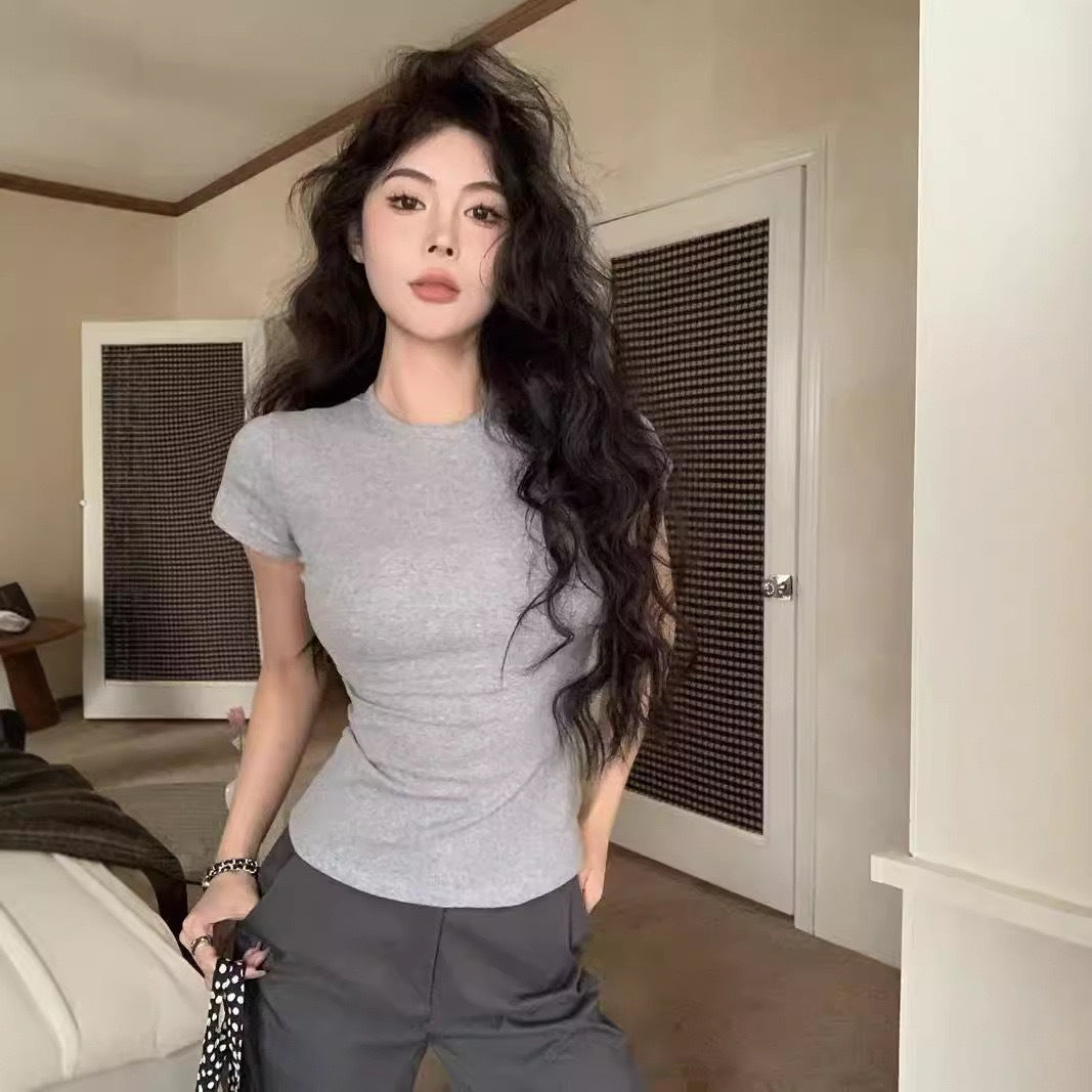 Summer shoulder t-shirt white short sleeve female slim babes short base shirt new round neck wear source manufacturer by My Store