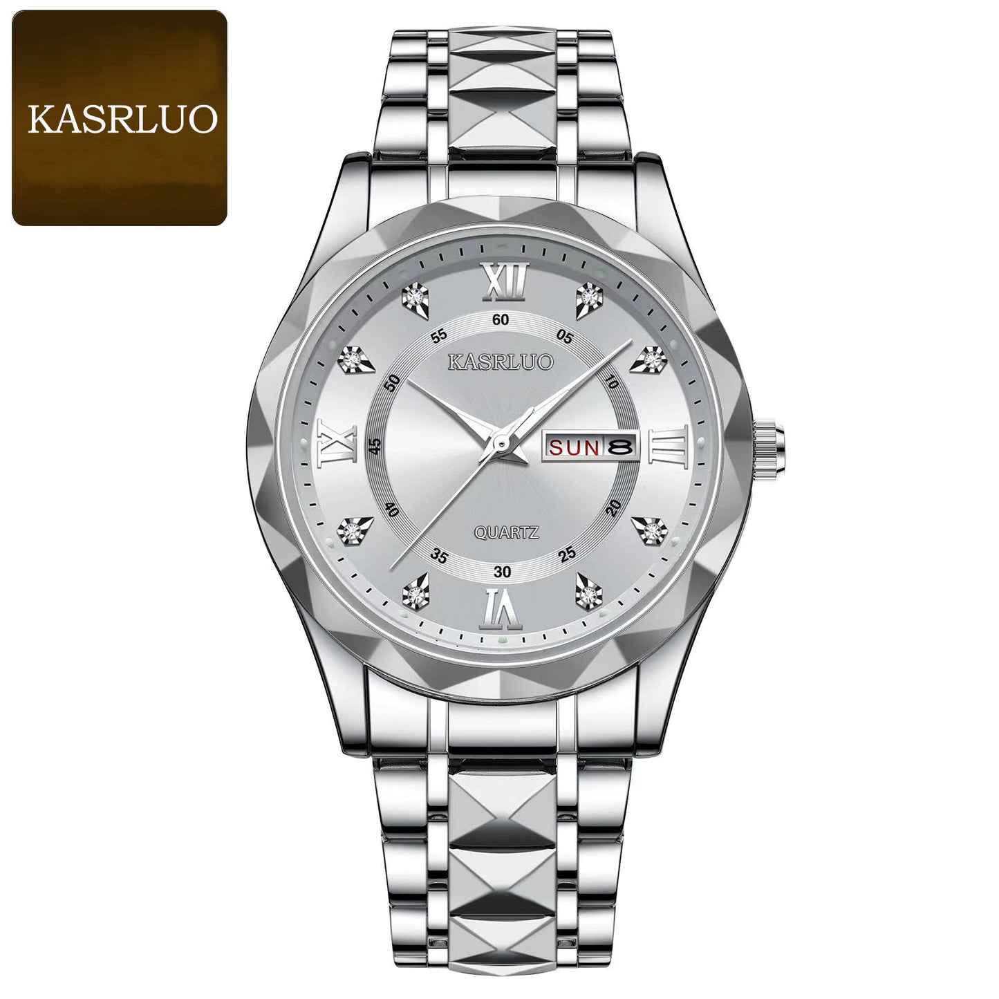 KASRLUO Watch Men's English Date Diamond Case with Luminous Waterproof Minimalist Quartz Watch Large Dial