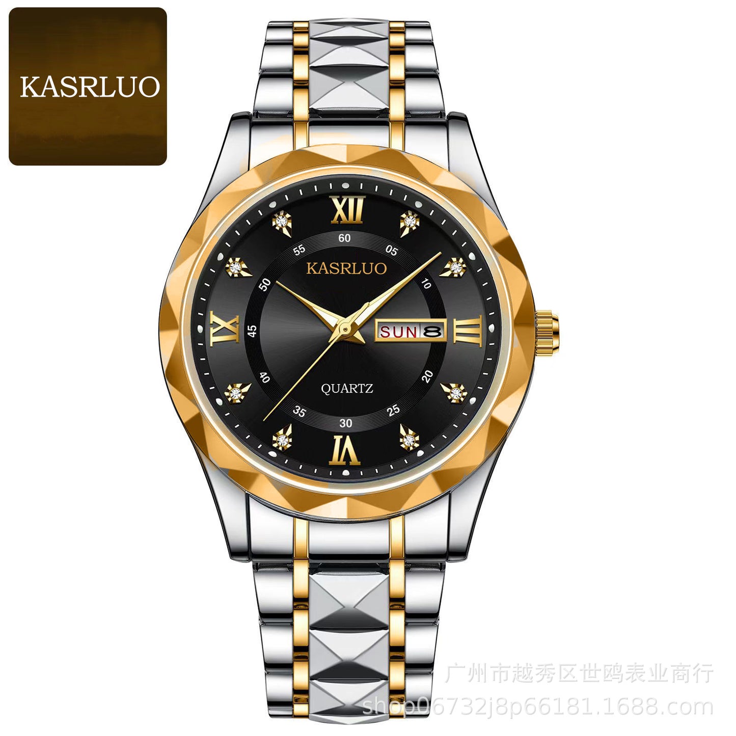KASRLUO Watch Men's English Date Diamond Case with Luminous Waterproof Minimalist Quartz Watch Large Dial