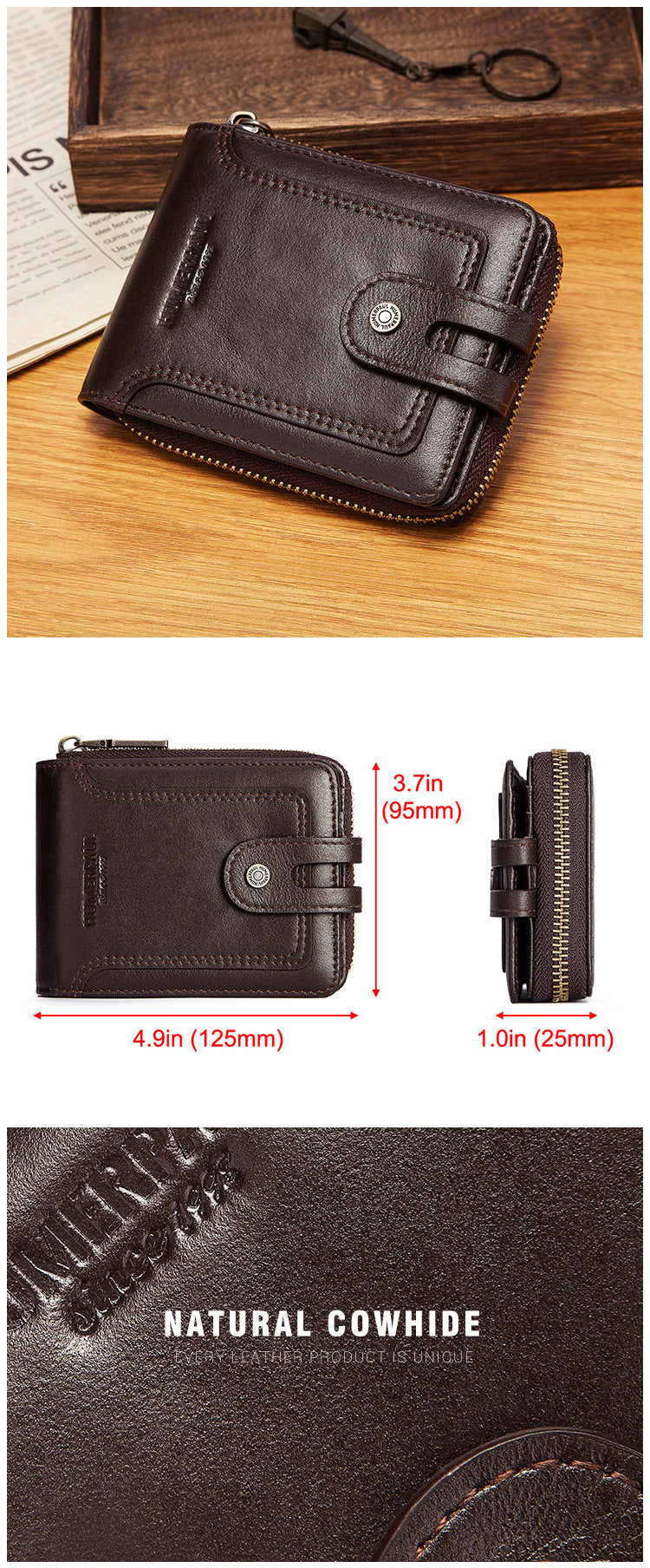 RFID anti-theft brush men's leather wallet top layer cowhide short coin purse zipper European and American retro leather goods men's bag