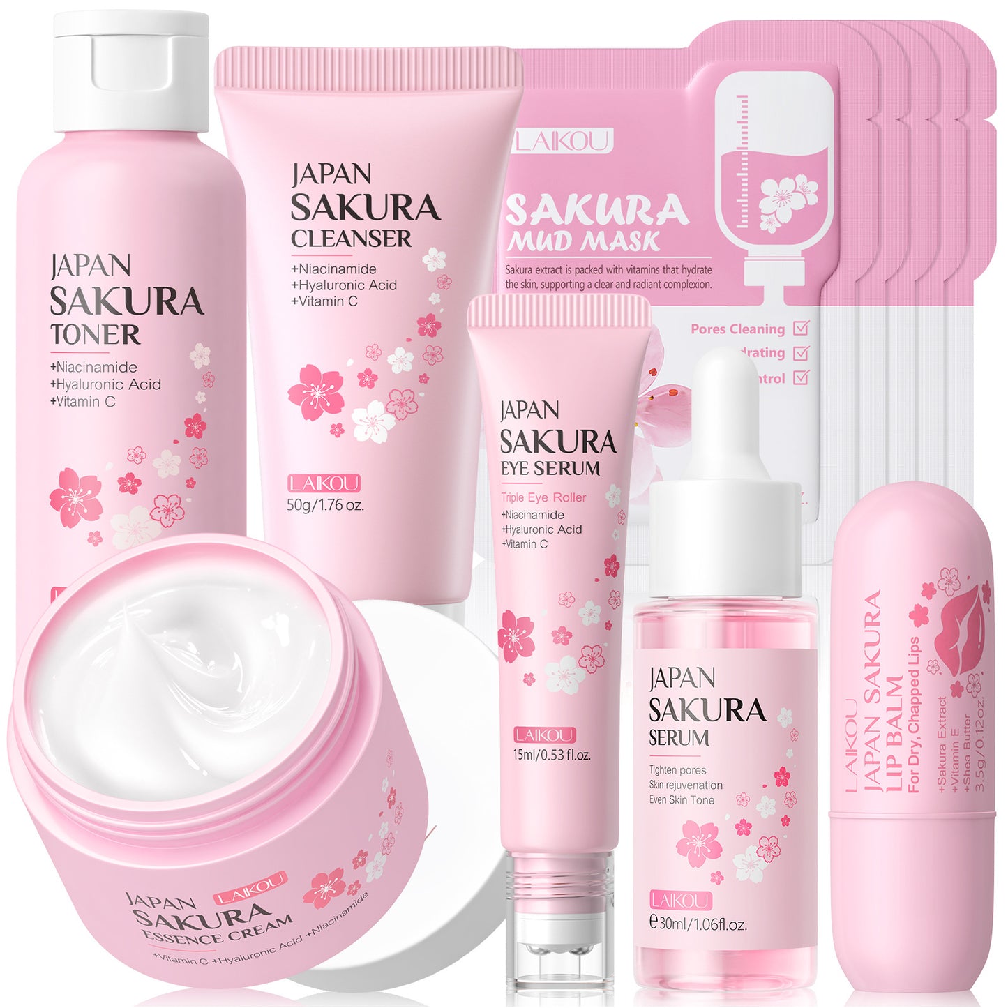 Cross-border full English LAIKOU cherry blossom series skin care set combination facial care full set of hydration manufacturers in stock
