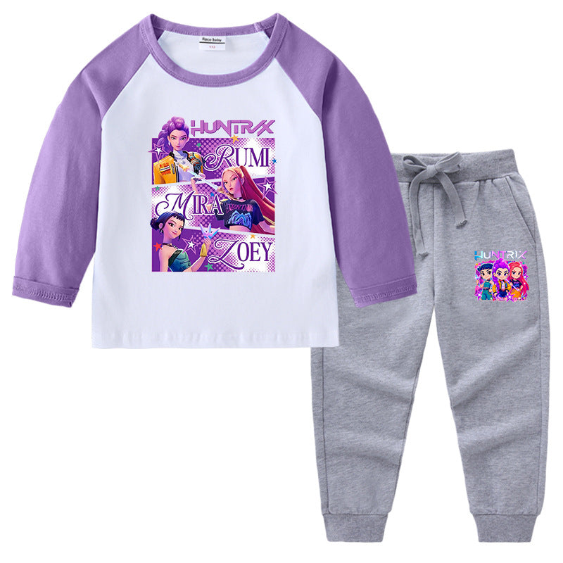 Kpop Witch Hunt Group Korean version raglan spring and autumn girls' T-shirt crew neck cartoon long-sleeved top base shirt set